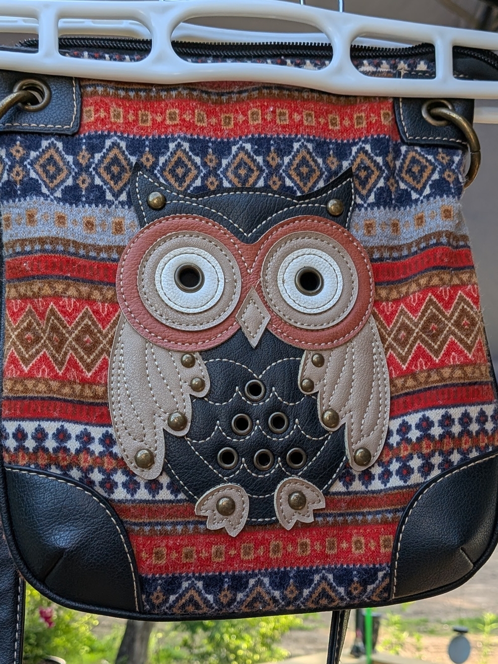 Boho Owl Appliqué Crossbody Bag - Red, Navy & Tan